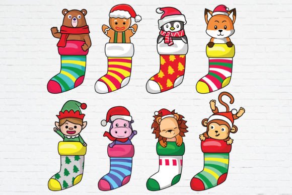 Cute Animal in Sock Christmas SVG: Graphics & Illustrations