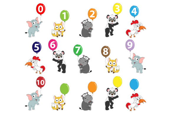 Cute Animal with Balloon and Number: Graphics & Illustrations