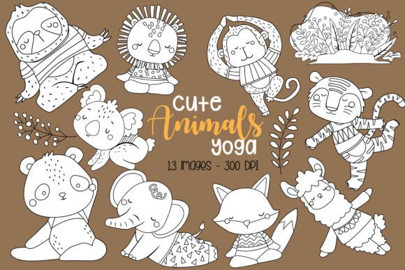 Cute Animal Yoga Clipart Coloring: Graphics & Illustrations