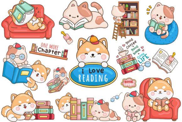 Dog and Cat Animal Reading Clipart: Graphics & Illustrations