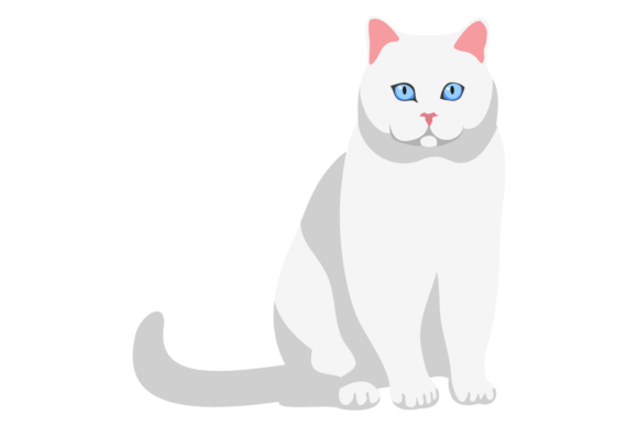 Fluffy White Cat Sitting. Pet Animal Ico: Graphics & Illustrations