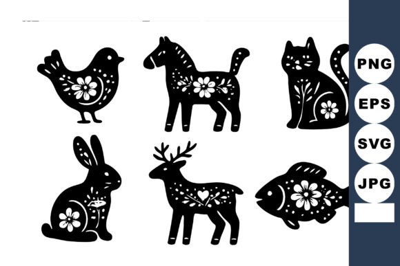 Folk Art Style Black Animal Silhouettes: Graphics & Illustrations