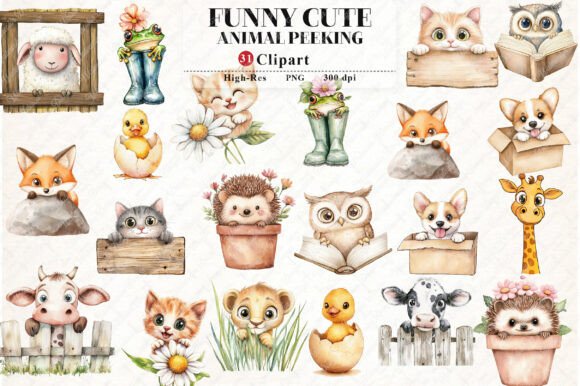 Funny Cute Animal Peeking Clipart: Graphics & Illustrations for Sellers