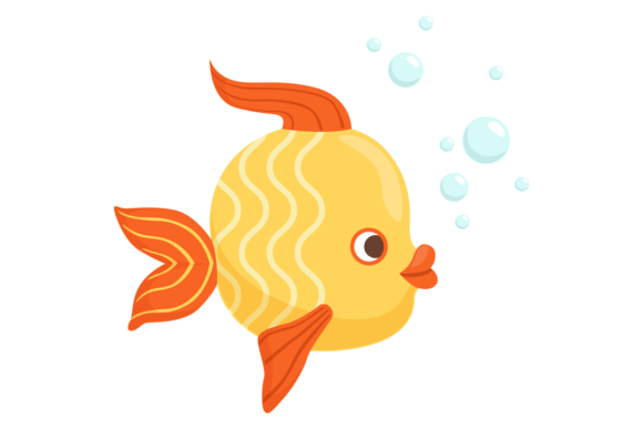 Golden Fish Underwater. Cartoon Animal.