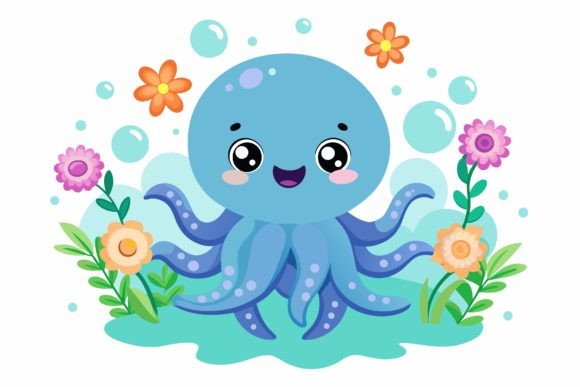 Octopus Animal Cartoon with Flowers Graphics & Illustrations