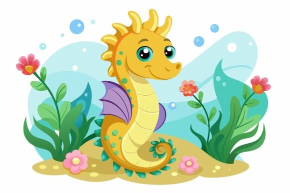 Seahorse Animal Cartoon with Flowers On